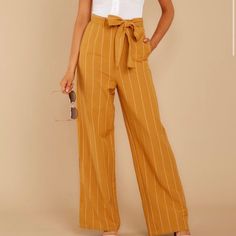 Similar To Picture Shown, These Are Yellow Striped Dress Pants As Shown In Second Picture. Nice And Flowy With A Tie Chic Yellow Cotton Pants, Non-stretch Yellow Cotton Pants, Yellow Pants For Spring Day Out, Yellow Cotton Pants For Day Out, Chic Mustard Bottoms For Spring, Summer Workwear Mustard Bottoms, Yellow Bottoms For Day Out In Fall, Mustard Summer Workwear Pants, Yellow Pants With Pockets For Day Out