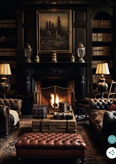 a living room filled with furniture and a fire place in front of a book shelf