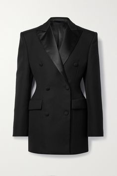 WARDROBE.NYC's blazer dress has already been seen on both Rosie Huntington-Whiteley and Hailey Bieber. Tailored from grain de poudre wool, it has a double-breasted profile with tuxedo-inspired silk-satin along its peak lapels. Wear yours with tonal tights and pumps. Tuxedo Outfit, Wardrobe Nyc, Black Wardrobe, Silk Satin Dress, Black Silk Dress, Tuxedo Dress, Black Tank Dress, Huntington Whiteley, Black Tuxedo