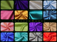 many different colors of satin fabric with the word fabricomania on it in multiple squares