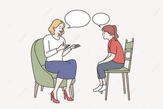 two women sitting in chairs talking to each other with speech bubbles above their heads on white background