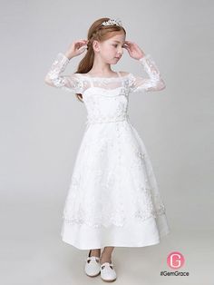 Flower Girl Dresses Ankle Length Whole Lace White Flower Girl Dress with Long Sleeves Elegant Long Sleeve Confirmation Dress, White Lace Long Sleeve First Communion Dress, Long Sleeve Confirmation Dress With Lace Trim, First Communion White Lace Dress With Long Sleeves, White Long Sleeve Dress With Lace Bodice, First Communion Dress With Lace Long Sleeves, Lace Long Sleeve First Communion Dress, First Communion Long Sleeve Dress With Lace Bodice, Spring Lace Dress With Lace Sleeves For First Communion