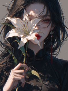 a woman holding a white flower in her right hand and looking at the camera while wearing black clothing