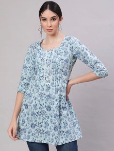 * Blue Floral Printed Tunic Embroidered Short Kurti / Indian Tunic / Summer-Spring Evening Dress Boho Tunic / Hippie Dress / Tribal Print Top * Blue floral printed tunic * Ethnic motifs Printed  * Round neck, three-quarter, regular sleeves * Woven *Fabric:-  Cotton  *Wash Care:- Hand Wash AVAILABLE IN 5 SIZES THEY ARE IN FOLLOWING MEASUREMENTS XS:- Bust-34/Waist-26/Length-32 S:- Bust-36/Waist-28/Length-32 M:- Bust-38/Waist-30/Length-32 L:- Bust-40/Waist-32/Length-32 XL:- Bust-42/Waist-34/Length- Blue Floral Print Crew Neck Blouse, Blue Printed Crew Neck Blouse, Light Blue Crew Neck Blouse, Light Blue Printed Short Sleeve Tops, Light Blue Cotton Shirt With Floral Print, Light Blue Short Sleeve Tops With Printed Details, Light Blue Short Sleeve Tops With Prints, Fitted Blue Blouse With Crew Neck, Fitted Blue Cotton Top