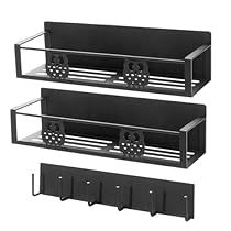 two black shelfs with metal brackets on each side