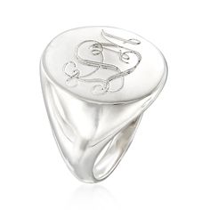 Ross-Simons - Single-Initial - Sterling Silver Signet Ring Size 8. Making a comeback among trendsetters, this always-classic sterling silver signet ring is a clear winner. Would make a lovely gift. Make it personal with a FREE engraving of a single initial in your choice of block or script type. 3/4" wide. Sterling silver personalized signet ring. Classic Sterling Silver Initials Jewelry, Classic Sterling Silver Jewelry With Initials, Classic White Jewelry With Initials, Silver Engraved Timeless Signet Ring, Timeless Silver Engraved Signet Ring, Classic Engraved Initial Ring For Everyday, Classic Formal Initial Ring With Hallmarks, Classic White Gold Initial Ring For Everyday, Classic Ring Jewelry With Initials