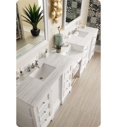 a bathroom with two sinks, mirrors and plants in the corner on the counter top