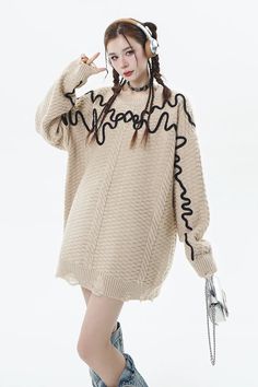 Apricot Line Knitted Sweater
Fabric: Acrylic, Viscose




Size/cm


Bust


Shoulder


Sleeve


Length




M


120


58


50


68




L


124


60


51


70




XL


128


62


52


72




2XL


132


64


53


74




 

 	The above size is manually measured by “tiling-stretching”, there may be an error of 1-3cm!
 	The size is for reference only, please choose according to your size.
 	It is recommended to wash by hand in cold water, not soaking, and avoid mixing dark and light clothes to ca Y2k Winter Outfits, Oversized Knitwear, Sweater Y2k, Brown Sweater Dress, Woolen Clothes, Aesthetic Sweaters, Knitted Design, Sweater Oversized, Sweater Oversize