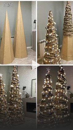 there are three different pictures of a christmas tree made out of cardboard and wrapped in gold ribbon