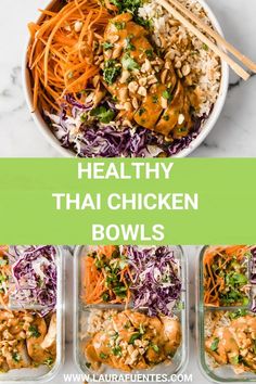 healthy thai chicken bowls with carrots, cabbage, and peanuts in them on a white marble countertop