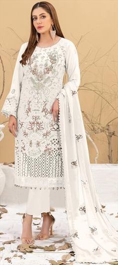 White and Off White color Salwar Kameez in Faux Georgette fabric with Embroidered, Sequence, Thread work White Chikankari Embroidered Lawn Suit For Party, Festive White Unstitched Suit With Lace Work, Festive White Lawn Suit With Dabka Work, White Bollywood Lawn Suit For Festive Occasions, White Bollywood Lawn Suit For Formal Occasions, White Resham Embroidery Lawn Suit For Eid, White Lawn Suit With Zari Work For Party, White Lawn Suit With Resham Embroidery For Party, White Lawn Suit For Festive Occasions