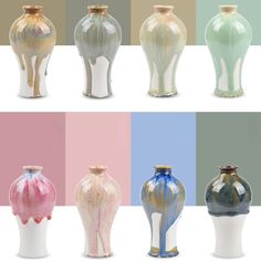 six different colored vases are shown in the same color scheme, each with an individual's own design