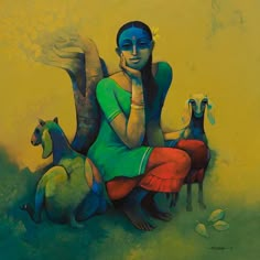 a painting of a woman sitting next to two animals