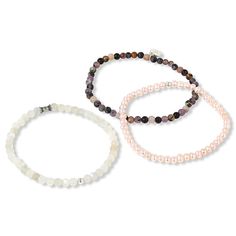 Jay King 3-Piece Multigem Bead Stretch Bracelet Set  Natural polished gemstones, including pink pearls, white moonstones and multicolored chalcedony, give these coordinating stretch bracelets an elegant aesthetic that's easy to dress up or down. Stack them together or wear them separately for fun, stylish looks all year long! From Jay King.  What You Get       Multicolor Dendritic Sage stretch bracelet      Pink Pearl stretch bracelet     White Moonstone stretch bracelet    Additional Information       Bracelets approx. 7-1/4"L x 3/16"W; fits 7" to 7-1/2" wrist     Stamped .925     Each bracelet has decorative silver charm or bead     White moonstone bead bracelet has inspirational silver bead accent inscribed with word "Passion"     Dendritic Sage bead bracelet has silver charm that featu Elegant Rose Quartz Stretch Bracelet With Round Beads, Elegant Moonstone Gemstone Beaded Bracelets, Elegant Moonstone Beaded Bracelets, Elegant Rose Quartz Gemstone Beaded Bracelets, Elegant Rose Quartz Gemstone Beaded Bracelet, Adjustable Elegant Moonstone Beaded Bracelets, Elegant Multicolor Gemstone Bead Stretch Bracelet, Elegant Multicolor Pearl Bracelet With Gemstone Beads, White Pearl Bracelets With Gemstones