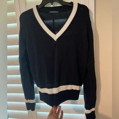 Brand New Never Worn Preppy Black Cotton Top, Preppy Black Top For Fall, Preppy Blue V-neck Top, Blue V-neck Preppy Tops, Brandy Melville Sweater, Brandy Melville Sweaters, Blue Sweaters, Brandy Melville, Brandy