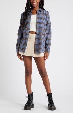 Top off your look with this plaid button-up shirt cut from soft cotton flannel in an oversized, easy-to-layer fit. 30" front length; 33" back length (size Medium/Large) Front button closure Spread collar Long sleeves with button cuffs Chest patch pocket 100% cotton Machine wash, tumble dry Imported Not available for sale and shipment to Germany Trendy Plaid Cotton Shacket, Oversized Plaid Flannel Shirt Casual, Trendy Blue Flannel Shirt For Fall, Oversized Spring Button-up Flannel Shirt, Oversized Button-up Flannel Shirt For Spring, Oversized Casual Flannel Shirt, Plaid Button-up Shacket, Trendy Plaid Flannel Shirt Relaxed Fit, Trendy Relaxed Fit Plaid Flannel Shirt