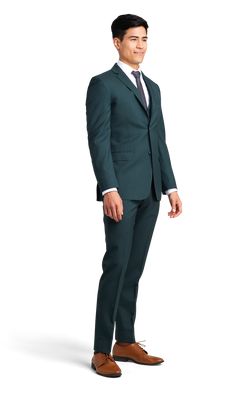 A slim hunter green suit with two buttons and a notch lapel. Elegant Green Business Casual Suits, Green Formal Suit With Welt Pockets, Green Suits With Welt Pockets For Semi-formal Occasions, Semi-formal Green Suits With Welt Pockets, Green Semi-formal Suits With Welt Pockets, Green Suit With Suit Collar, Tailored Dark Green Business Suit, Classic Green Three-piece Suit Single Breasted, Fitted Green Suit For Office