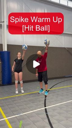 two people are playing volleyball in an indoor court with the words spike warm up hit ball