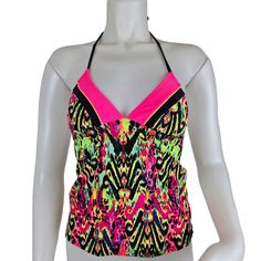 Nwt Multicolor Small Tankini Top With Padding Spring Multicolor Halter Neck Tankini, Casual Multicolor Halter Neck Tankini, Fitted Multicolor Print Beach Top, Vibrant Fitted Beach Tops, Tankini Top, Tankini, Womens Swim, Swimming, Pink