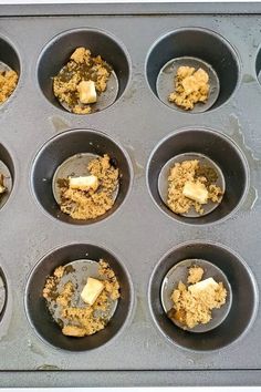 muffin tins filled with different types of food in it's pans