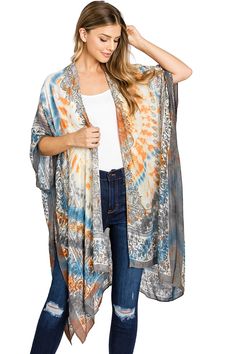 Effortless kimono silhouette with an ultra light scarf feel, an open-front and bold paisley prints and a contrast tie-dye wash. Perfect for layering over casual outfits or over a swimsuits. CARE | Hand Wash Cold CONTENTS | 100% Viscose MEASUREMENTS | 38"/97 cm Top to Bottom (Size O/S) MODEL | 5'8 - wearing O/S IMPORTED Bohemian Batik Print Kimono For Summer, Spring Festival Tie Dye Kimono, Casual Spring Paisley Print Kimono, Casual Printed Wrap Cover-up, Casual Tie Dye Spring Cover-up, Spring Tie Dye Kimono For Beach Cover-up, Casual Summer Kimono With Paisley Print, Summer Tie Dye Kimono For Beach, Spring Paisley Print Open Front Kimono