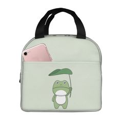 a green frog with an umbrella on it's back is holding a pink phone