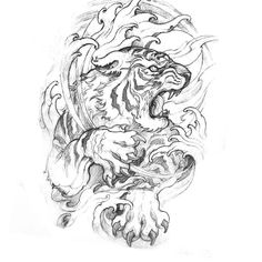 a drawing of a tiger with its head in the air and it's mouth open