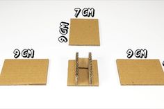 four pieces of cardboard are shown with the measurements for each piece in front of them