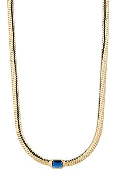 An emerald-cut cubic zirconia solitaire is the shining focal point of this omega-chain collar necklace plated in 18-karat gold. 16" length; 2" extender 18k-gold plate/cubic zirconia Imported Omega Necklace, Chain Collar, The Shining, Bling Jewelry, Collar Necklace, Emerald Cut, Focal Point, Cubic Zirconia, Emerald