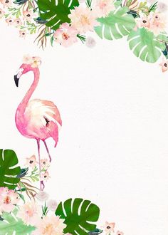 a watercolor painting of a pink flamingo surrounded by tropical flowers and palm leaves