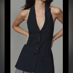 Nwt Anthropologie V-Neck Halter Vest. Navy. Popular Sold Out Style! Tags: Workwear Work Corporate Sophisticated Office Career Capsule Waistcoat Top, Sophisticated Office, Halter Vest, Sleeveless Tunic Tops, Ruffled Tunic, High Neck Blouse, Boat Neck Tops, Front Tie Shirt, Tunic Tank Tops