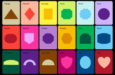 an image of different shapes and colors in the shape of squares with names on them