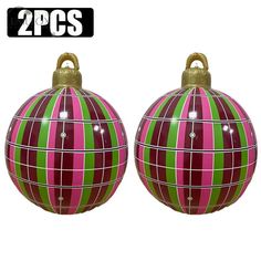 two christmas balls with different colors and designs are shown in front of the white background