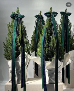 three vases with green and blue ribbons on them in front of some white bags