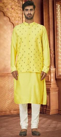 Yellow color Kurta Pyjama with Jacket in Art Silk fabric with Embroidered work Yellow Long Sleeve Sets With Dori Work, Kurta Pyjama With Jacket, Kurta Pyjama, Color Art, Embroidered Silk, Yellow Color, Silk Fabric, Party Wear, Pajamas