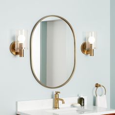 a bathroom sink with a mirror and two lights on the wall next to each other