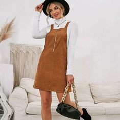 Shein Brand Nwot Half Placket Corduroy Overall Dress (Without Tee) Courdory Dress Outfits, Casual Corduroy Mini Dress For Fall, Courdory Dress Outfit, Courdory Dress, Overall Dress Outfit Fall, Dungree Styles, Dress Outfit Fall, Overall Dress Outfit, Corduroy Overall