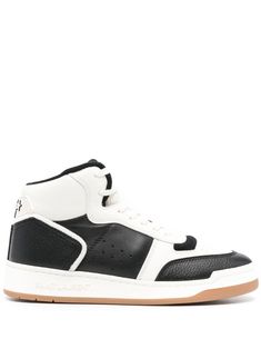 black/white calf leather colour-block panelled design flat rubber sole front lace-up fastening round toe Classic Fashion Pieces, Woman Looking, Leather High Tops, Leather Cap, Colour Block, Sneakers For Sale, Mens Shoes Sneakers, Sneakers Black, Leather Sneakers