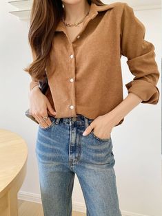 Shirt Work Outfit, Corduroy Shirts, Shirt Outfits, Corduroy Shirt, Brown Shirt, Womens Blouses, Collar Blouse, Shirt Collar, Shirt Outfit