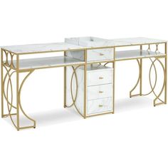 an elegant desk with marble top and gold trimmings on the bottom, along with drawers