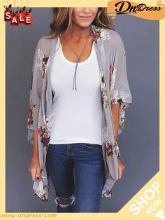 Women's Shirt Shrugs Floral Casual Daily Holiday Black Gray Print Half Sleeve Streetwear Casual V Neck Regular Fit Summer Spring Fall Floral Print Open Front Tops, Non-stretch Open Front Tops For Layering, Non-stretch Open Front Trendy Tops, Trendy Non-stretch Open Front Top, Summer Floral Print Open Front Top, Summer Open Front Floral Print Top, Open Front Floral Print Summer Tops, Casual Open Front Printed Tops, Moda Kimono