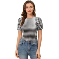 Made of lightweight woven, this versatile top is a summer staple that can be styled with just about anything and it suits many occasions. With a regular silhouette, this cute summer staple gingham top features a crew neck, puff short sleeves, buttoned cuffs, and a slightly boxy shape. Short puff sleeves and a keyhole enhance the casual style of this sweet plaid blouse. Chic Short Sleeve Plaid Top, Chic Plaid Short Sleeve Tops, Chic Short Sleeve Plaid Blouse, Casual Plaid Top With Puff Sleeves, Spring Plaid Puff Sleeve Top, Casual Gingham Puff Sleeve Blouse, Casual Gingham Blouse With Puff Sleeves, Plaid Puff Sleeve Top For Spring, Fitted Gingham Blouse With Puff Sleeves