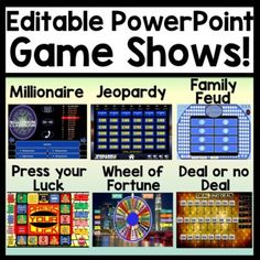 a poster with different games and words on it that say, editable power point game shows