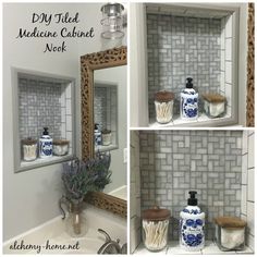 three pictures of bathroom items in front of a mirror and sink with the words diy tile medicine cabinet nook