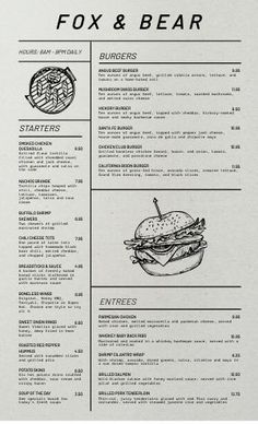 the menu for fox and bear is shown in black and white, with an image of a sandwich on it