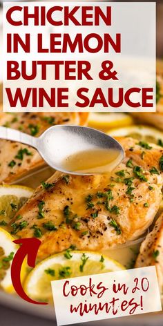 chicken in lemon butter and wine sauce on a plate