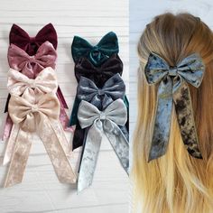 Velvet hair bows with 6" tails. Comes in 8 colors. Size of bow is 4x7.5 inches *Size of each items may very a bit do to them being a handmade item.   *Dear customer, we at Mila's Boutique try our best to give you the most accurate representation of our crrations. However, no matter how hard we try, it is difficult to capture the bows exactly. There are factors that can change the color of the bow once pictured. The camera can't capture the color exactly as how it is in person, as well as the fac Velvet Hair Bows, Velvet Hair Bow, Les Arcs, Velvet Hair, Long Tail, Bow Clips, Velvet Ribbon, Hair Bow, Hair Bows