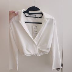 White, Brand New, Xs, Still Has Tags Chic Cropped Blouse For Night Out, Elegant V-neck Crop Top For Workwear, Elegant V-neck Crop Top For Work, Trendy Cropped Tops For Office, White Fitted Chic Crop Top, Chic Cropped Tops For Formal Occasions, Chic Cropped Blouse For Formal Occasions, Elegant Cropped Shirt, Chic White Cropped Shirt