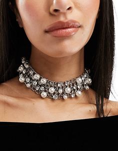 ASOS DESIGN choker with mixed faux pearl and crystal link design in silver tone | ASOS Link Design, Asos Curve, Base Metal, Chain Lengths, Faux Pearl, Choker, Silver Tone, Asos, Free Delivery