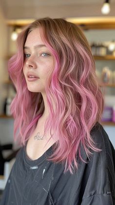 Cool Pink Hair Dye Ideas, Pink Temporary Hair Color, Pink Hair Bottom Half, Bronde Balayage With Pink, Lived In Pink Hair, Partial Pink Hair, Color Block Hair Pink, Dirty Blonde And Pink Hair, Light Brown Hair Pink Highlights